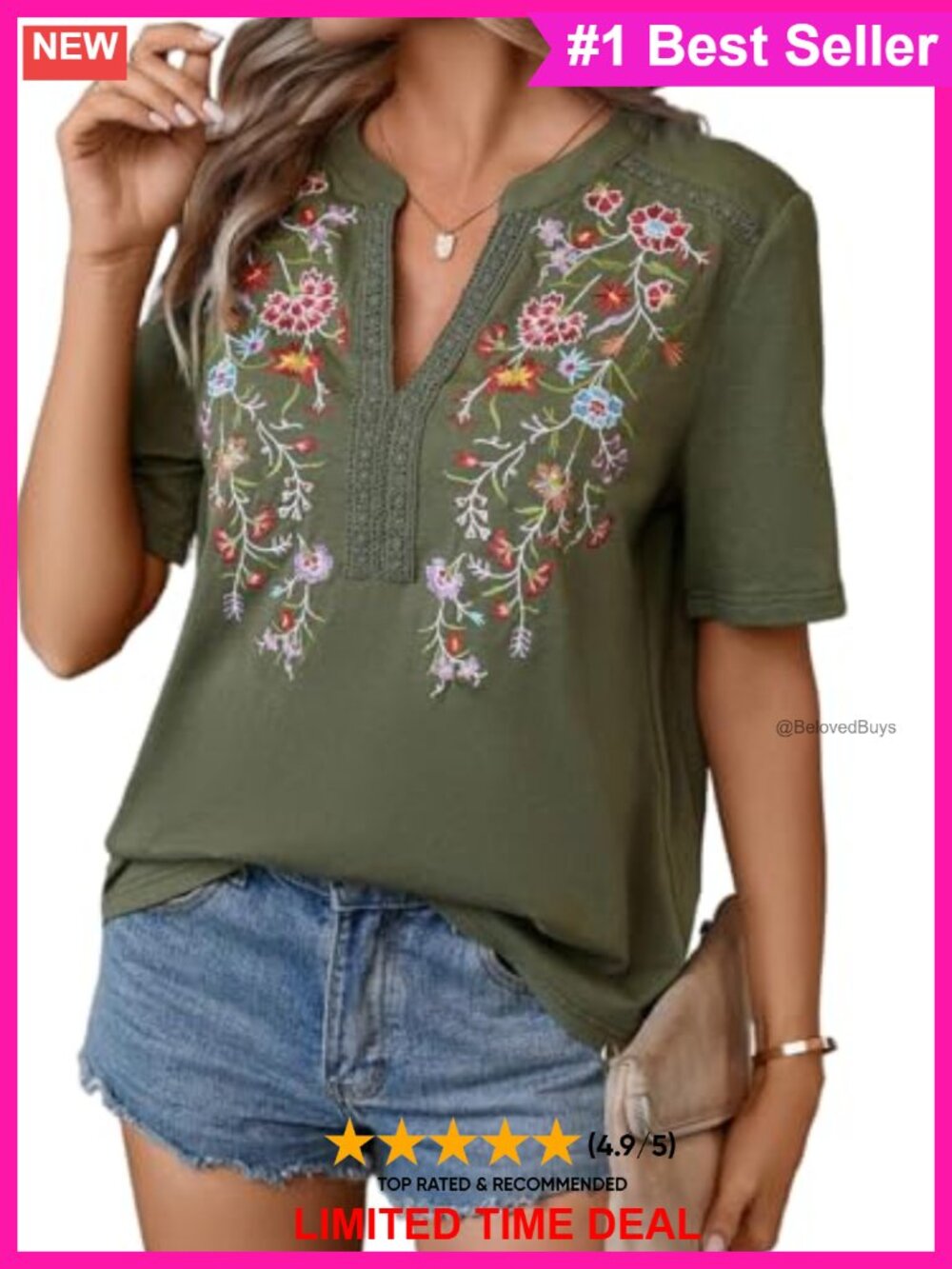 Womens Embroidered Floral Tunic Top V Neck Short Sleeve Boho Summer Blouse